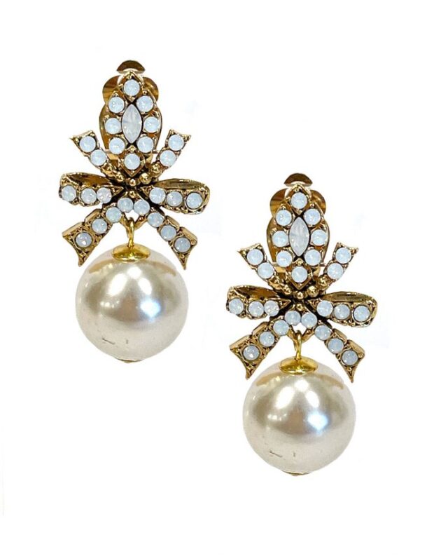 Marilyn's French Gold White Crystal Bow Earrings