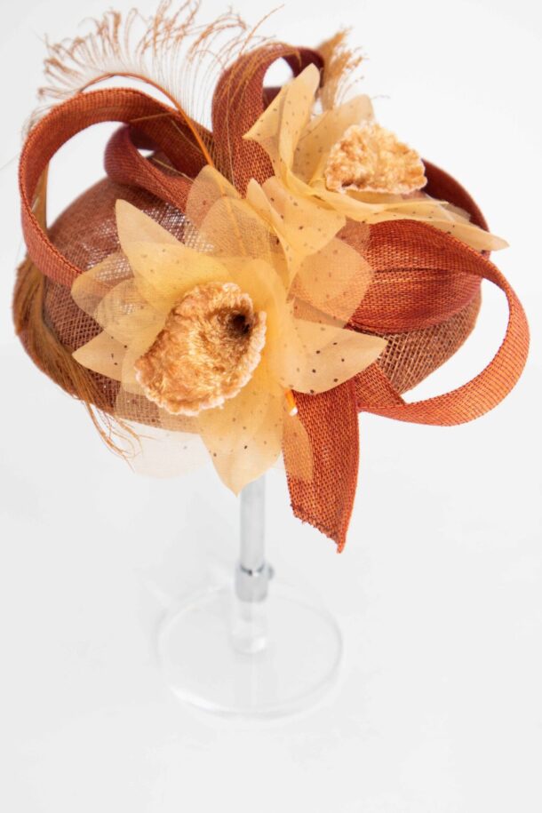 Marilyn's Rust Flowers and Feather on a Circle Fascinator