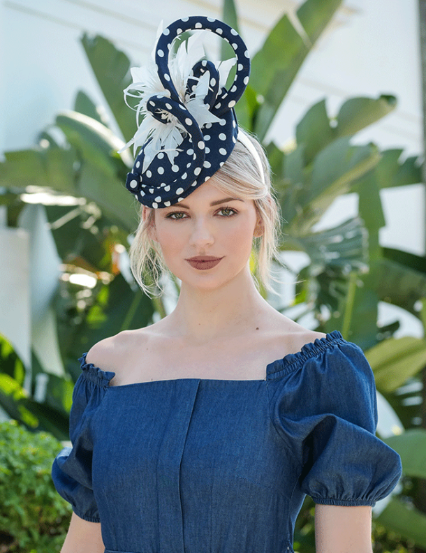 Navy and White with Feathered Flower Fascinator