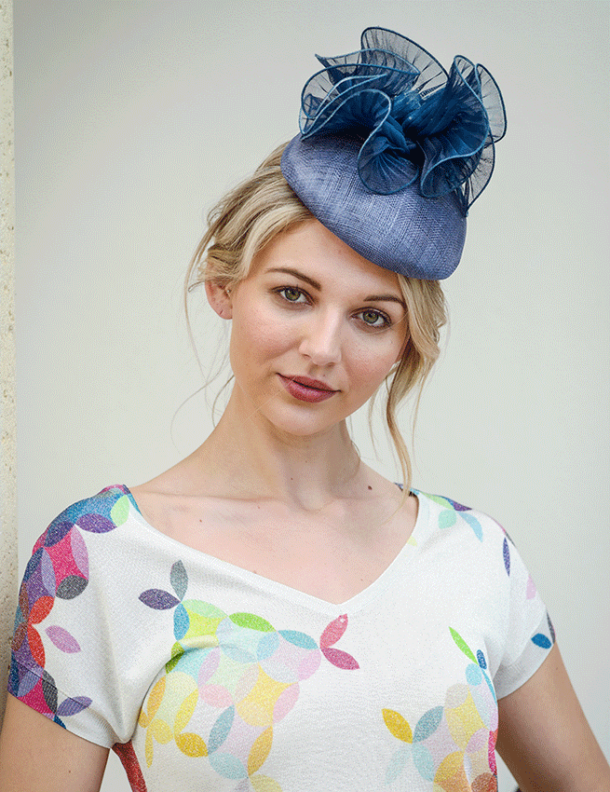 Woven Navy 7" Crown Fascinator Organza Detail