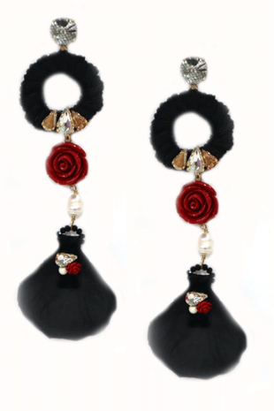 ROSE2 BLACK RED CHANDELIER LIGHT PIERCED EARRING