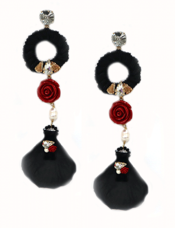 ROSE2 BLACK RED CHANDELIER LIGHT PIERCED EARRING