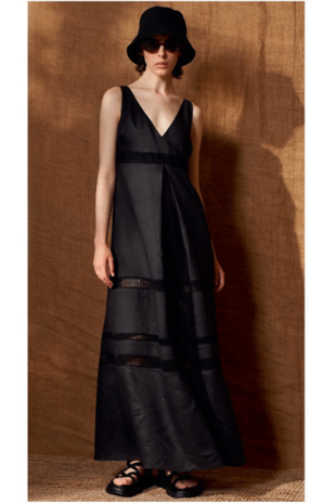 Marilyn's Black Linen Dressy V-Neck Sleeveless Long Dress 