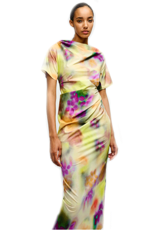 Marilyn's Audrey Short Sleeve Boat Neck Sheath Midi Print Dress