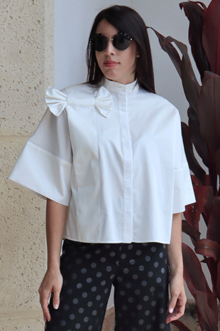 Marilyn's Best White Nehru Collar Button Front 3/4 Sleeve Blouse