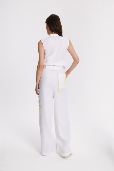 SEIKO Chic Flair White Linen Pant Pockets Front Zipper