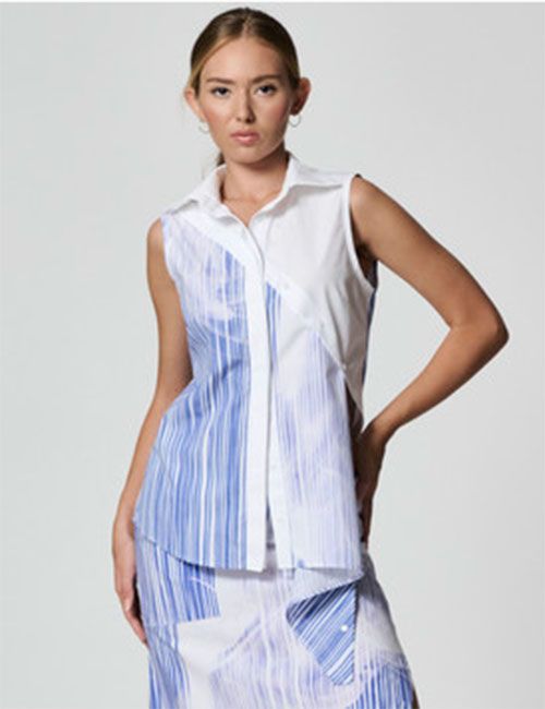 Marilyn's Siera Unique Strip White Collar Sleeveless Blouse