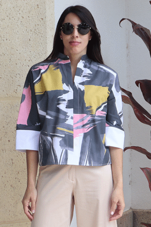 Marilyn's Special Nehru Collar Pullover V-Neck 3/4 Sleeve Blouse