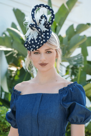 Navy and White with Feathered Flower Fascinator
