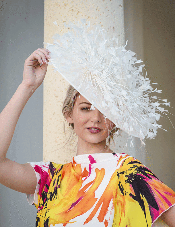FEATHERED CROWN 18 INCH WIDE BRIMMED HAT