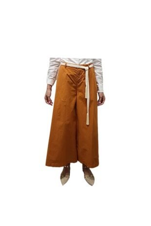 Italian Made Stretch Cotton, Palazzo Pant with Macrame Tie Belt with Tassels on ends